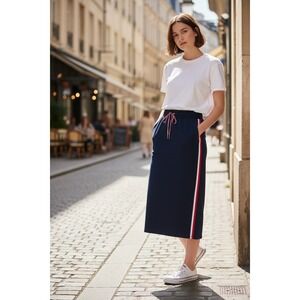 Tommy Hilfiger Navy Blue Midi Skirt Side Stripe Drawstring Waist S/Ch